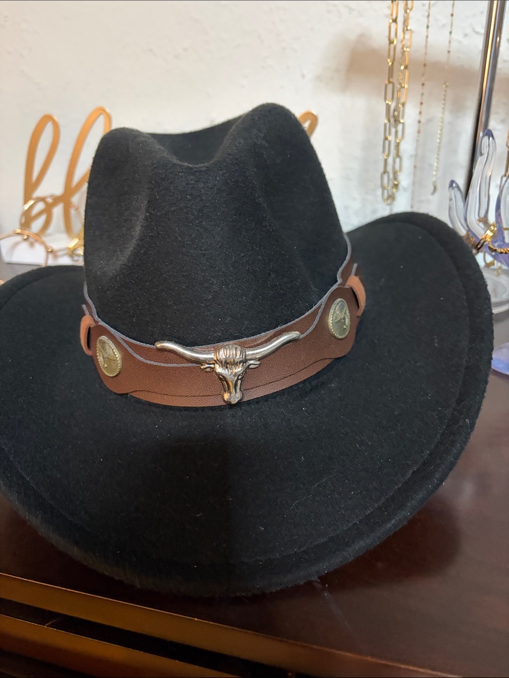 Black Western Wool Felt Cowboy Hat with Brown Leather Band